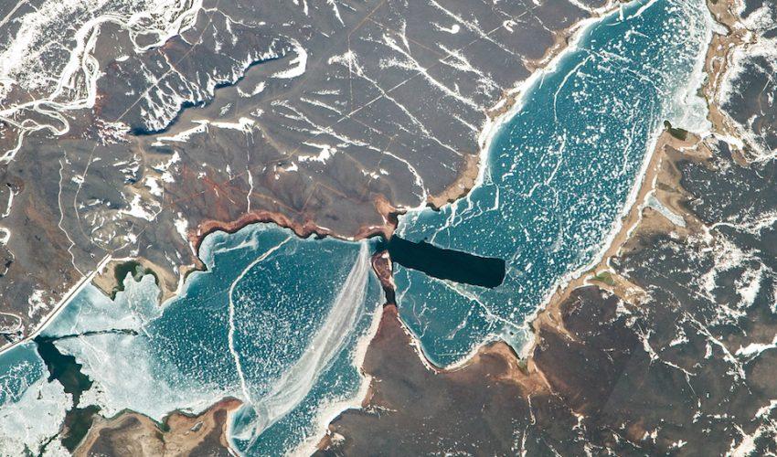 Ice-covered Wheatland Reservoir in Wyoming