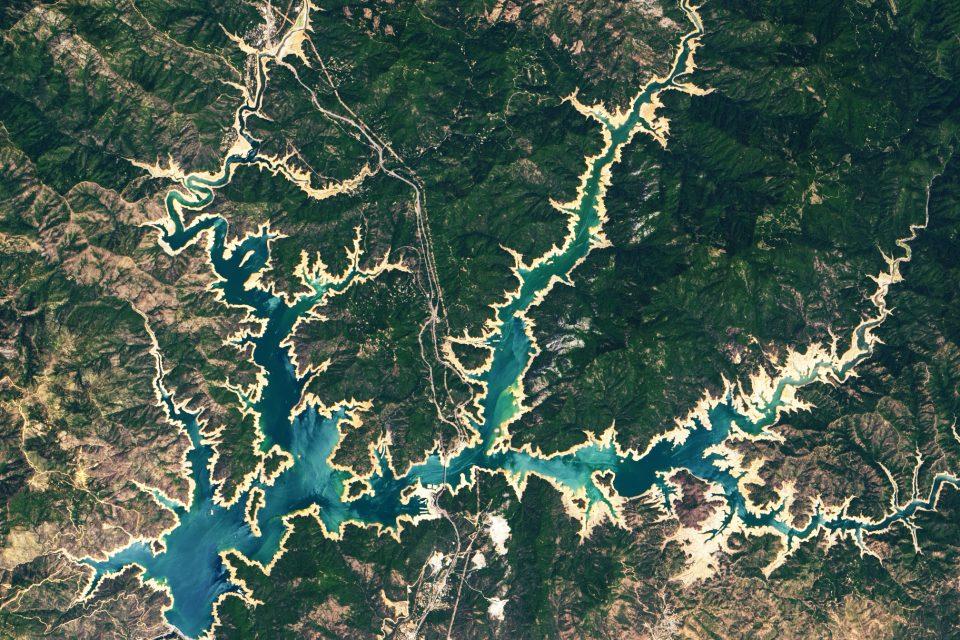 Drought conditions are visible in northern California