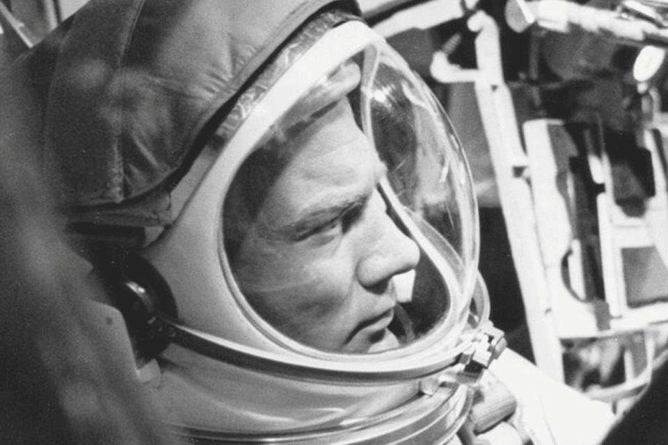Edwin 'Buzz' Aldrin in a Gemini 12 space capsule craft during a simulation