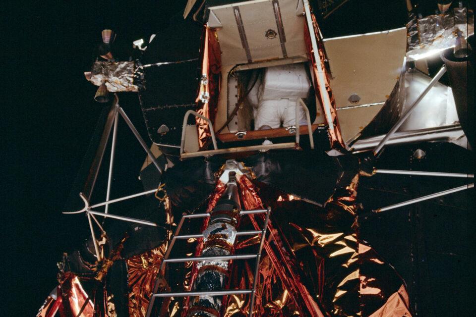 Aldrin descending the ladder on the lunar module Eagle