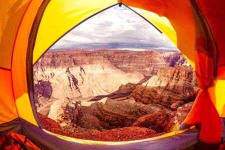 Camping in Grand Canyon: an open tent with a stunning view