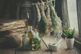 Infusion,Bottles,,Old,Books,,Mortar,And,Hanging,Bunches,Of,Dry