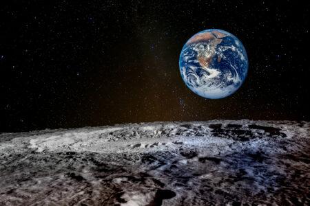 Earth,Rises,Above,Lunar,Horizon.,Elements,Of,This,Image,Furnished