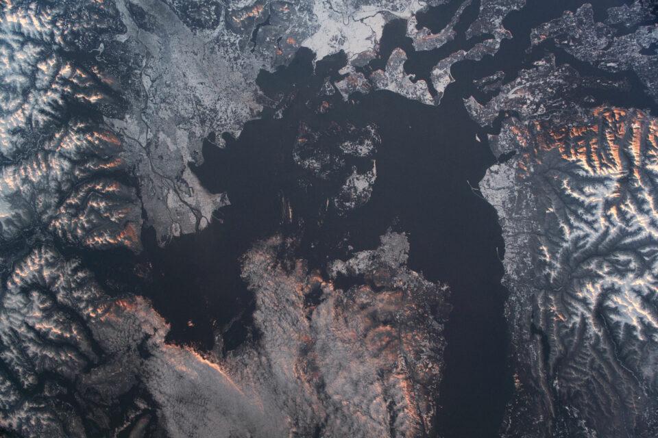 Snow covers the Pacific Northwest at sunrise
