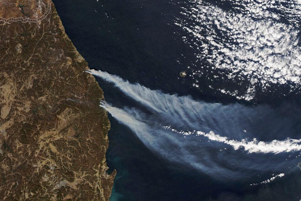 Wildfire smoke streams off the coast of South Korea
